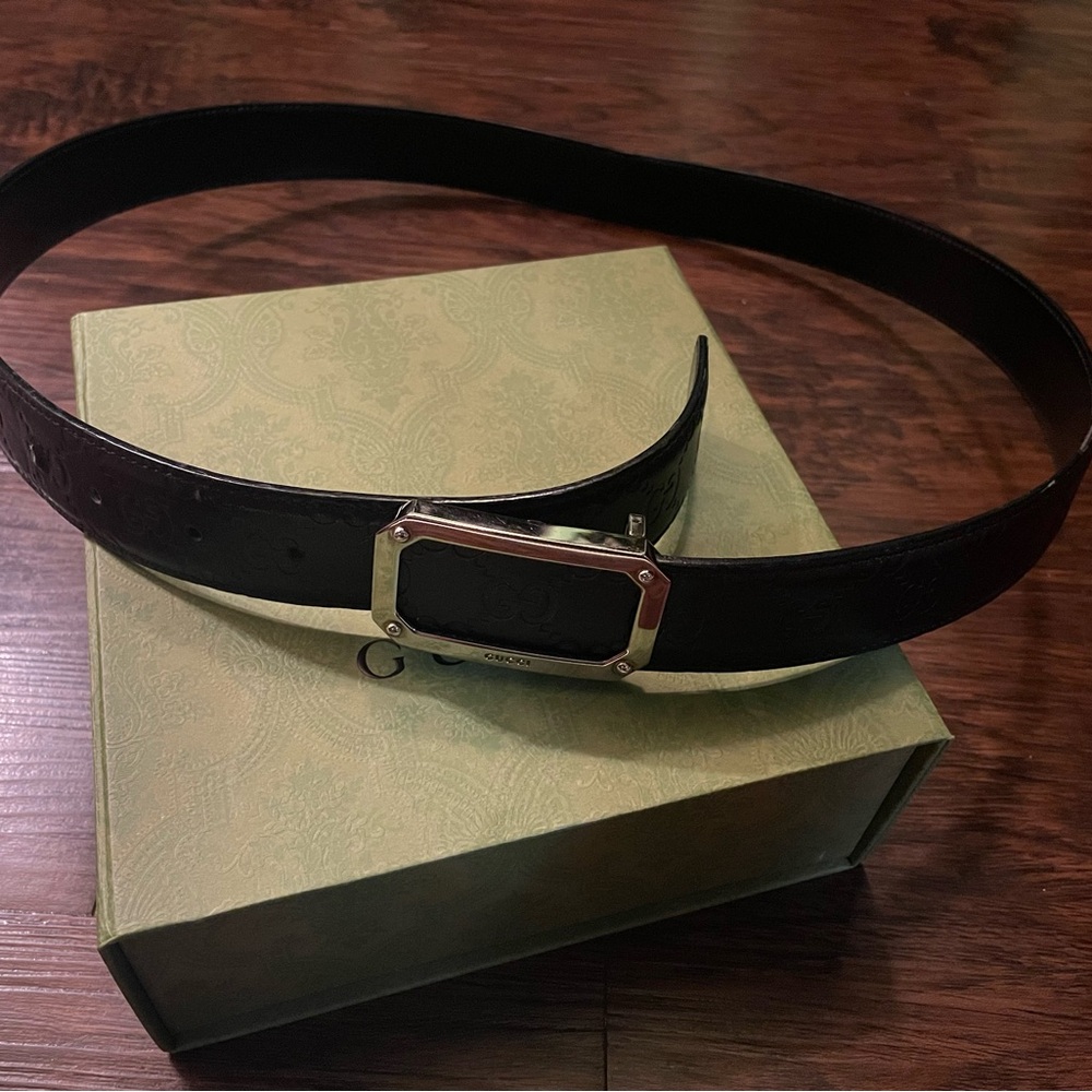 Gucci Black Signature Logo Leather Belt With Rectangular Buckle Size 105•42 - Picture 2 of 8